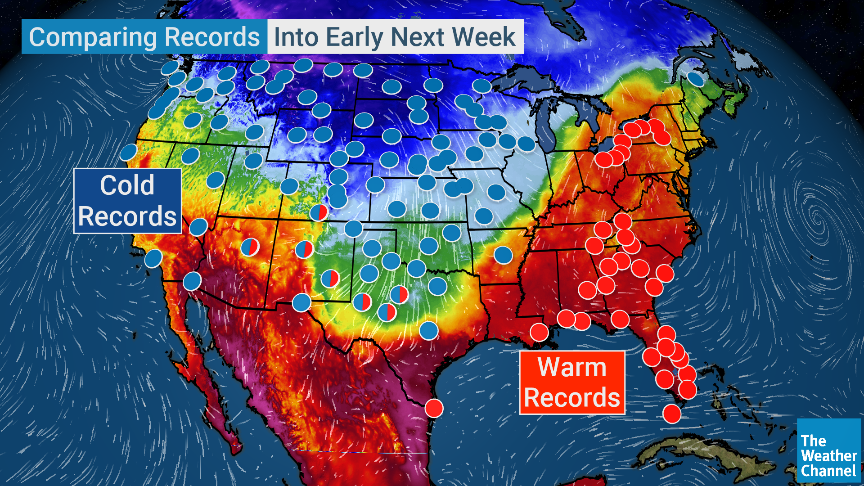 ColleenWeather's tweet photo. Don't need a meteorology degree for today's "Find the Front Game"! 😂

And all those dots? They represent the many potential record highs/lows/warmest lows/coldest highs that could be broken now through early next week! Whew!
 #fallfront #whatseasonisit https://t.co/8YVULbrNcA