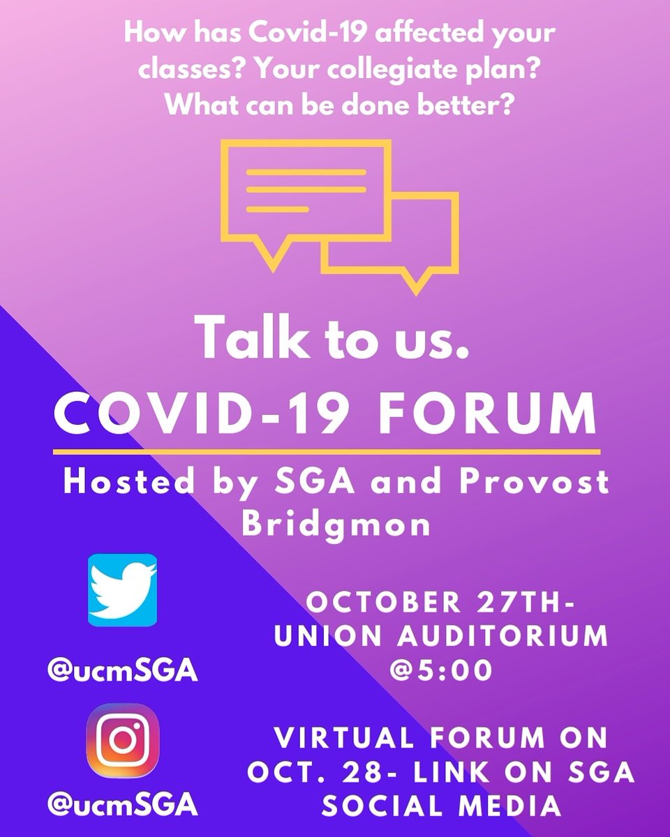 How has Covid-19 affected you? Your collegiate plan?
Talk to us.
SGA and Provost Bridgmon will be hosting a Covid-19 Forum open to all students for any questions or concerns. Join us in person October 27th, or tune in virtually October 28th to join this event.
See you there!