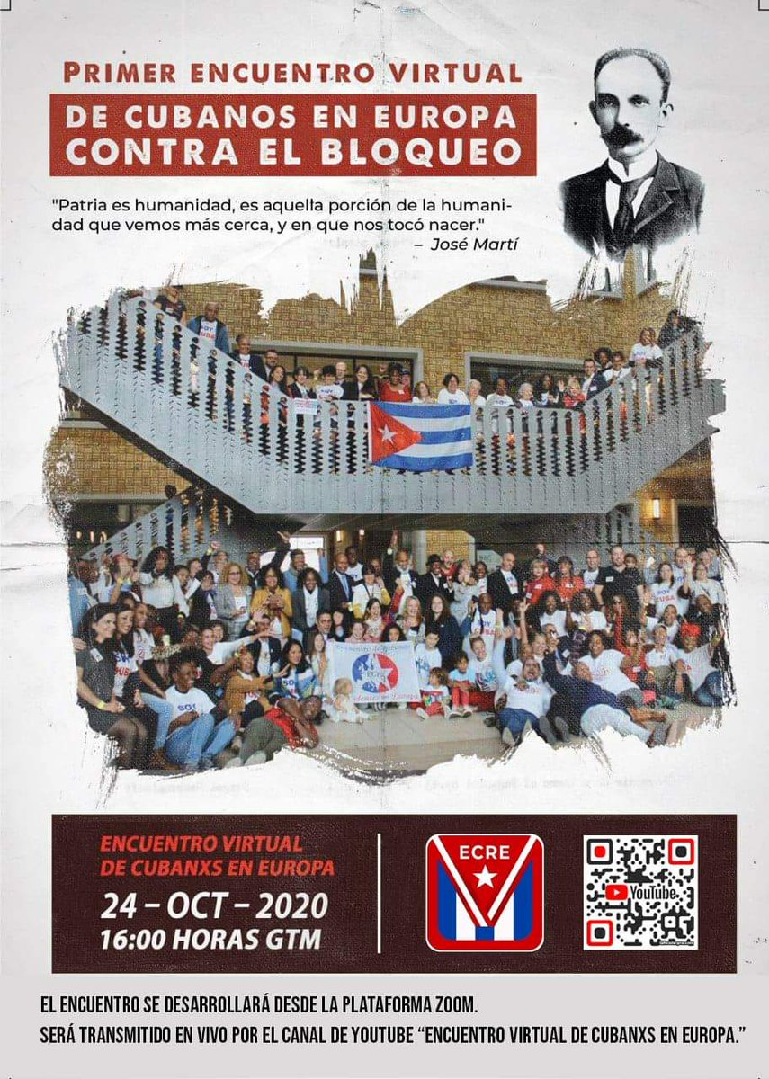 NacionyEmig's tweet photo. Este 24 de octubre, los cubanos que amamos a nuestra Patria y queremos el bienestar de nuestro pueblo celebraremos el 1er Encuentro Virtual de Cubanxs en Europa contra el Bloqueo
Esta vez, a causa de la pandemia, nos reuniremos en un #EcreEuropaVirtual 🇨🇺 #JuntosXCuba https://t.co/ewP6nCco5J