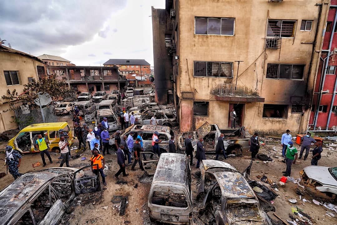 followlasg's tweet photo. SANWO-OLU PREACHES PEACE AS HE INSPECTS GOVT, PRIVATE ASSETS DESTROYED IN WEDNESDAY COORDINATED ATTACKS

• Lagos Government Begins Probe Of Lekki Shooting On Monday
• Governor Relaxes Curfew From Saturday, Permits Movement Between 8am To 6pm
#LASG
More.. https://t.co/0GKgXRUAgK https://t.co/P9DETKg1v2