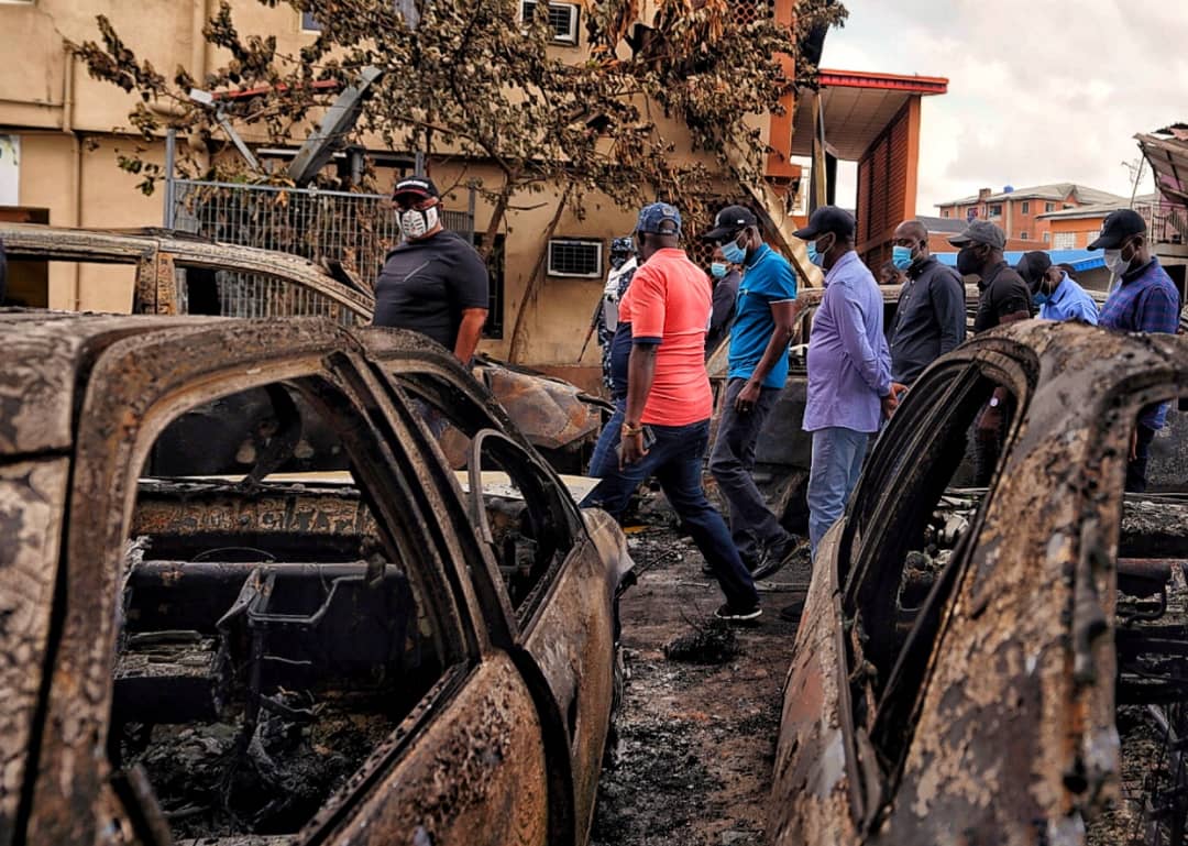followlasg's tweet photo. SANWO-OLU PREACHES PEACE AS HE INSPECTS GOVT, PRIVATE ASSETS DESTROYED IN WEDNESDAY COORDINATED ATTACKS

• Lagos Government Begins Probe Of Lekki Shooting On Monday
• Governor Relaxes Curfew From Saturday, Permits Movement Between 8am To 6pm
#LASG
More.. https://t.co/0GKgXRUAgK https://t.co/P9DETKg1v2
