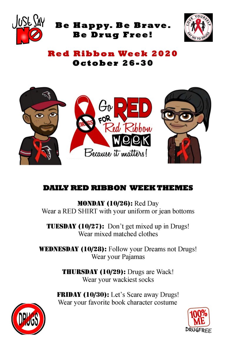 Join us in Celebrating National Red Ribbon Week!
The theme of this year's Red Ribbon Week is “Be Happy, Be Brave, Be Drug Free". 
#BeDrugFree #BeBrave  #SayNoToDrugs