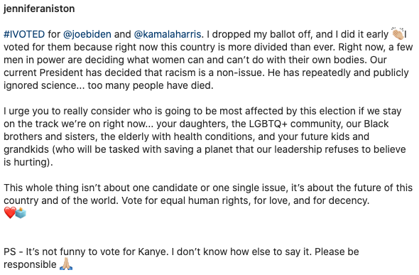 Jennifer Aniston endorses Biden, Harris ticket and details why she's not voting for Trump: 'Vote for equal human rights, for love, and for decency.' Or Kanye West, for that matter. 'PS — It’s not funny to vote for Kanye.' hollywoodreporter.com/rambling-repor…