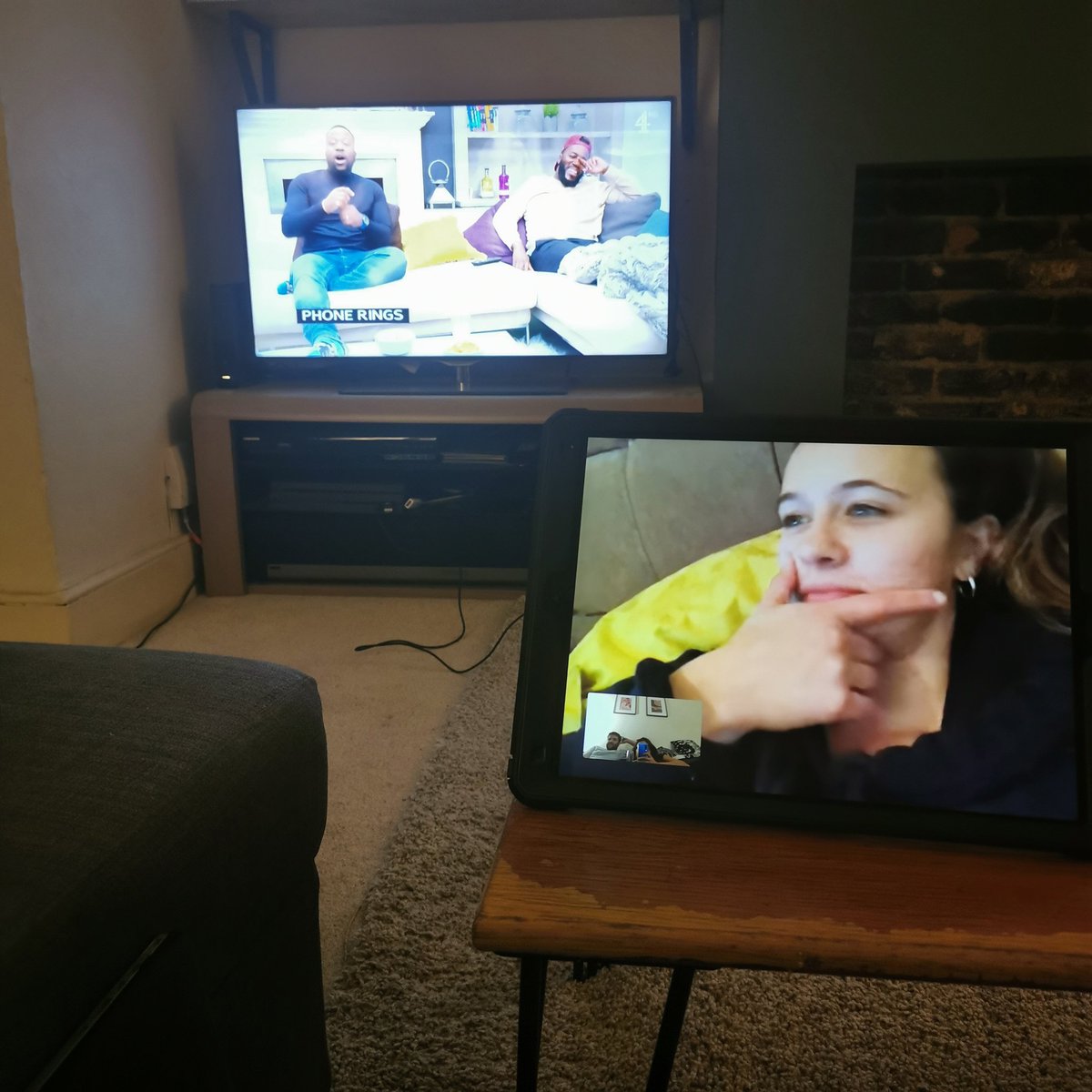 Is this the gogglebox matrix. Watching <a href="/jessicarhodeo/">Jessica Rhodes</a> watching us, watching them, watching television. This is #2020 #Gogglebox