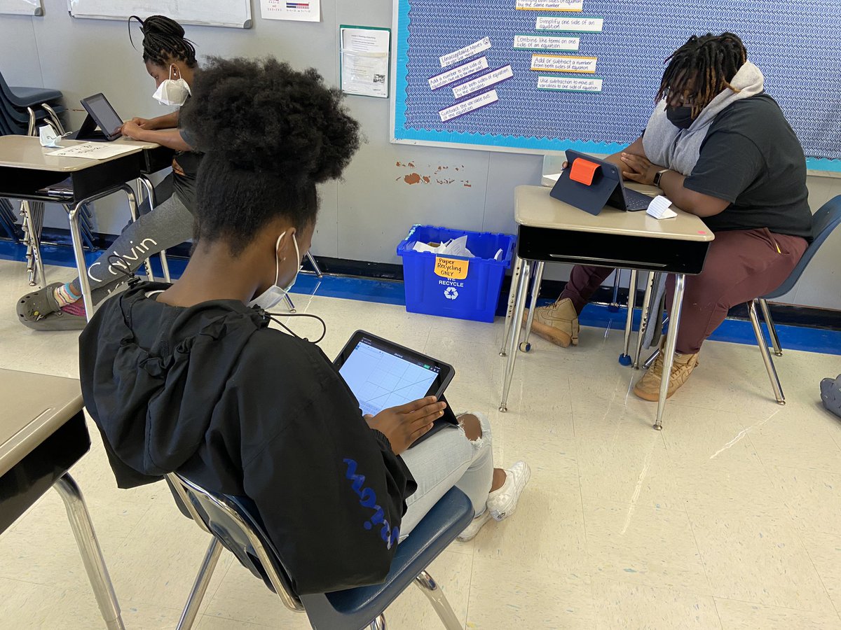 mrsblackburn48's tweet photo. Socially-distanced small group discussions were 🔥 today in Algebra 1 @PocomokeMiddle ! Amazing vocabulary, use of technology, questions &amp; explanations about the solutions to systems of equations 💙💙💛💛@IllustrateMath @Desmos @MrRecord21 #letsroll https://t.co/x3BxFTkG82