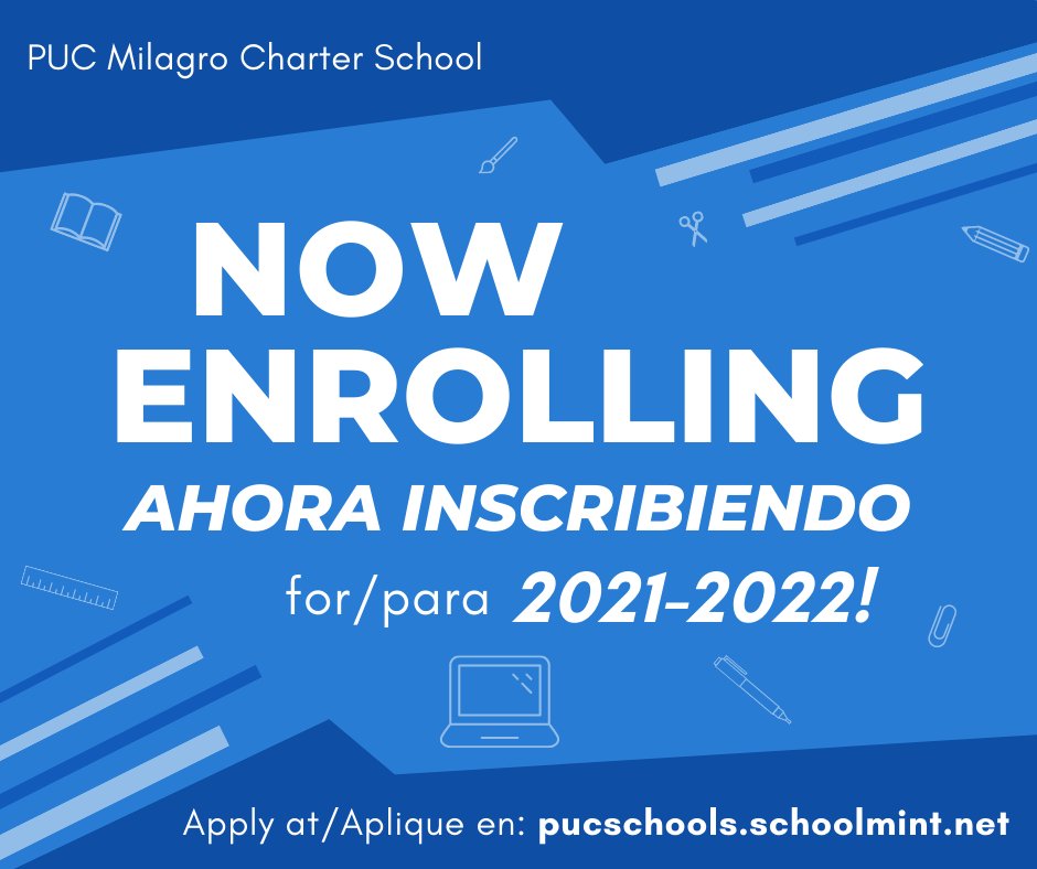 pucmilagrocs's tweet photo. We are now enrolling grades 6-8 for the 2021-2022 school year! Our lottery window is 10/19/2020 - 2/8/2021. 
⁣
¡Ahora estamos inscribiendo grados 6-8 para el año escolar 2021-2022! Nuestra ventana de lotería es del 10/19/2020 - 2/8/2021. Apply/Aplique: https://t.co/d2gtEtxQqD https://t.co/s67ua6X2dG