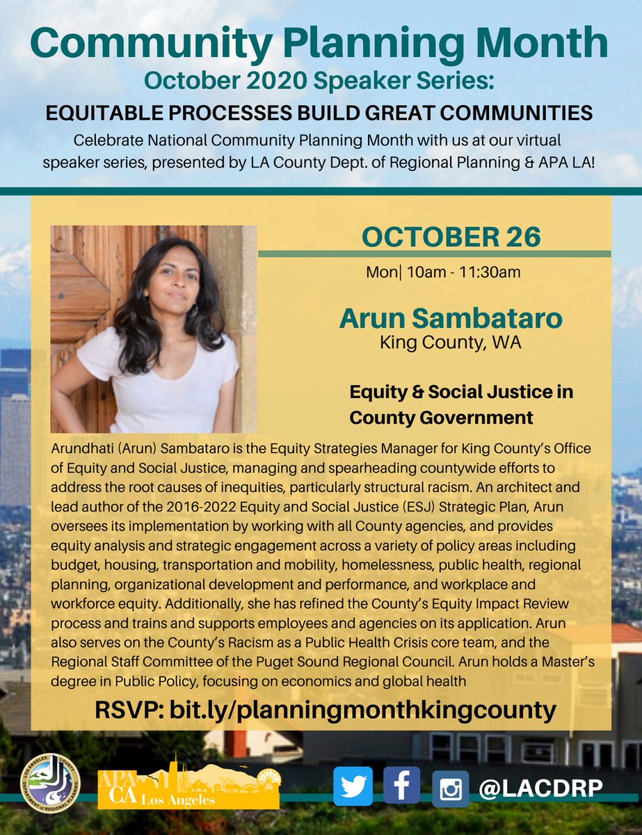 LACDRP's tweet photo. Join us Monday (10/26) at 10am for the 4th talk of our "Equitable Processes Build Great Communities" #PlanningMonth speaker series! We'll hear from @KingCountyWA on equity and social justice in county government. Register here: https://t.co/z8DoHrFJEX https://t.co/6NPL2PwDFV