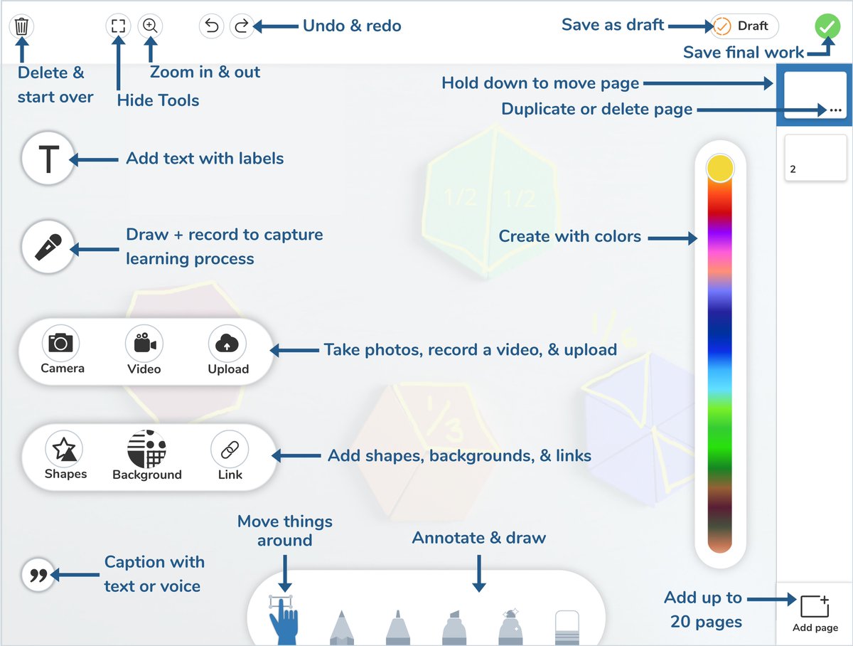 Seesaw's tweet image. Curious about tools and where to find them? 🔧

We’ve got you covered! Tap the green +, tap post student work, tap photo, drawing, video, or upload and have some fun trying them all out! #seesawchat