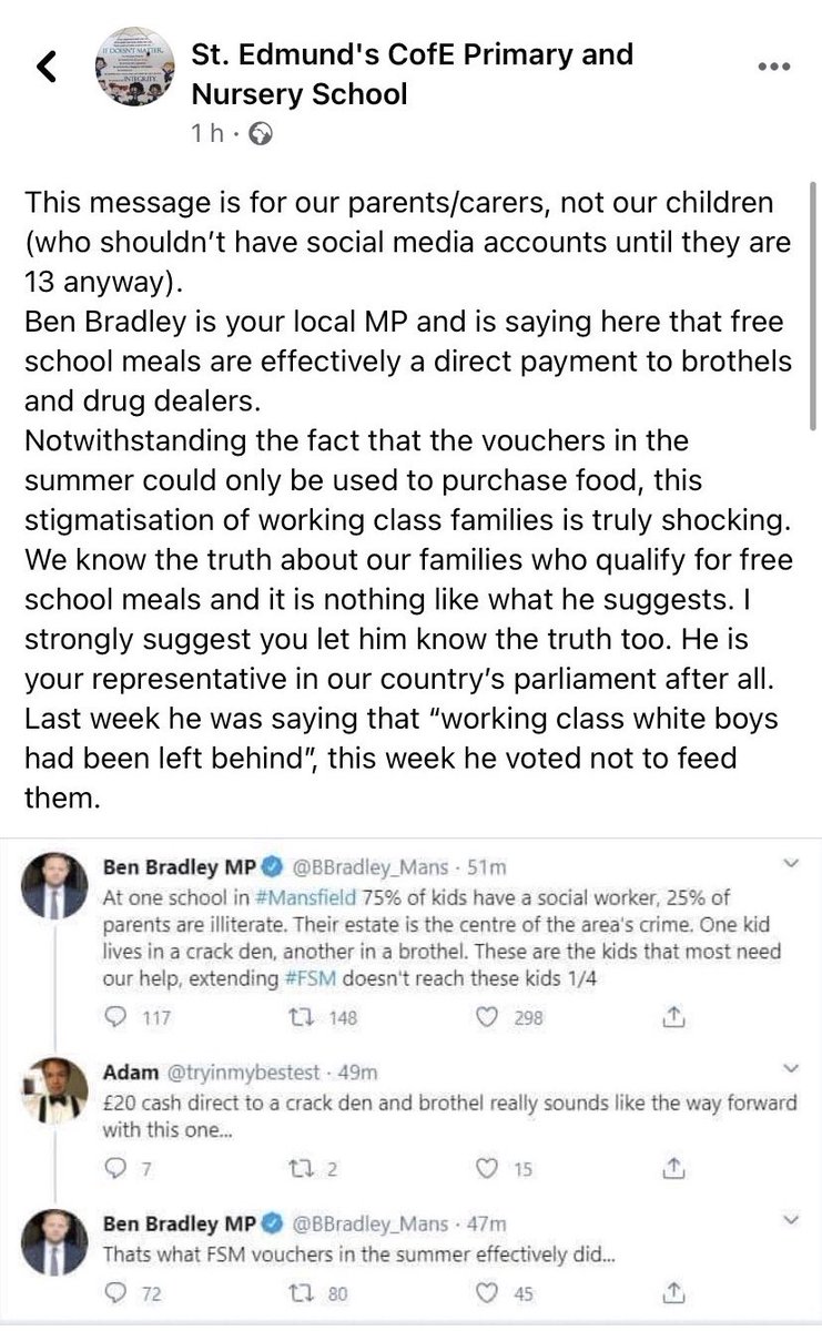 Ben Bradley is literally mouthing off at a local Primary School on Facebook now