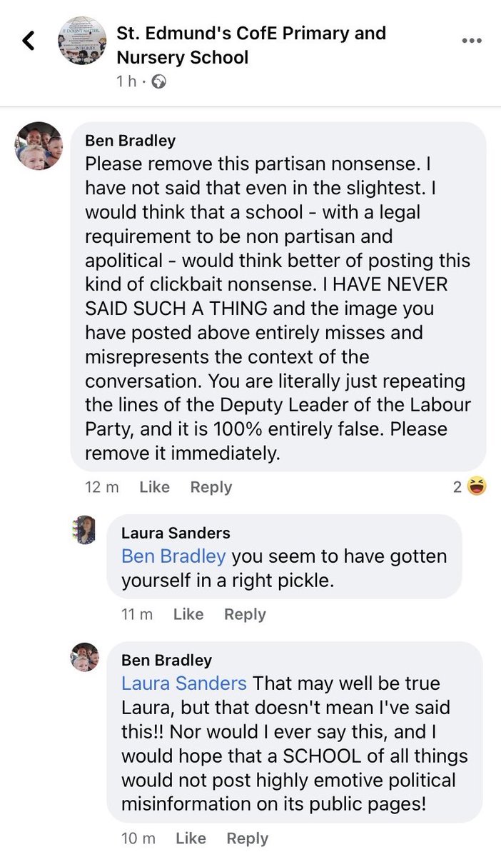Ben Bradley is literally mouthing off at a local Primary School on Facebook now