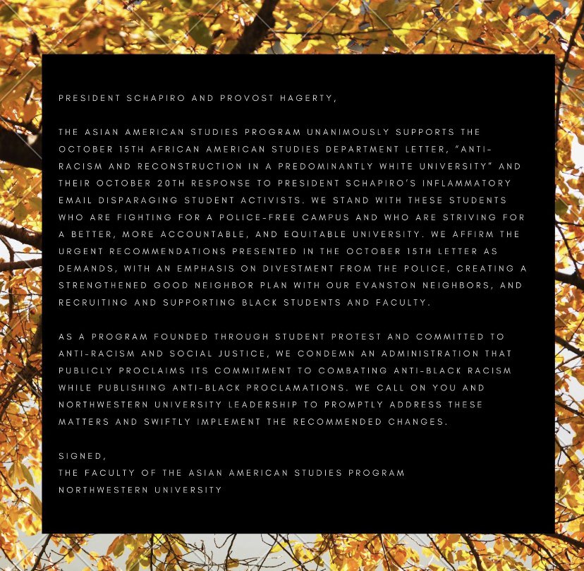 The Asian American Studies Program at Northwestern writes in support of student activists and the African American Studies Dept letters and demands! <a href="/AfAmNU/">Northwestern Black Studies</a>