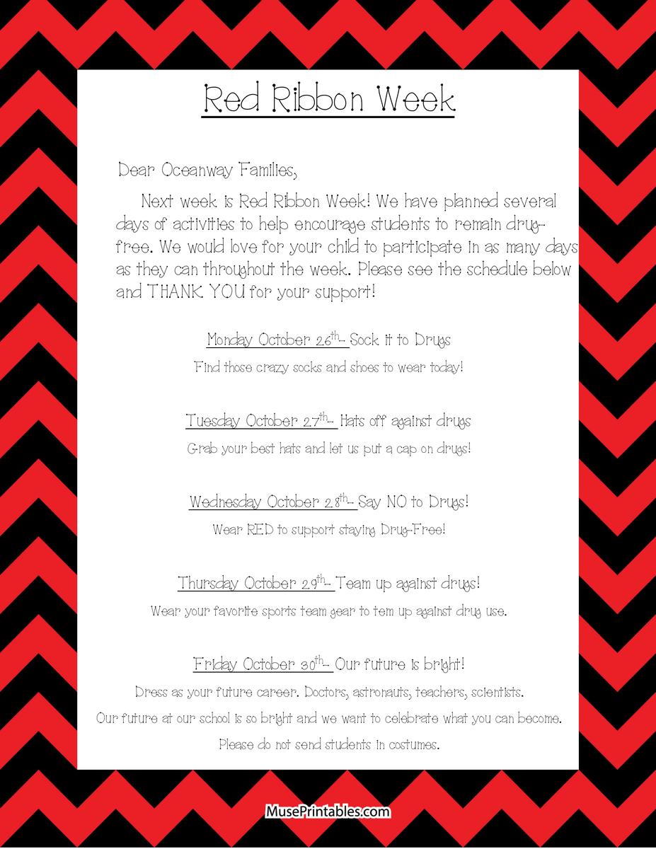 Oceanway Elementary School Families and Friends - Help us celebrate Red Ribbon Week next week by participating in our daily activities.  We will capture pics and moments all throughout next week to share on our social media pages!