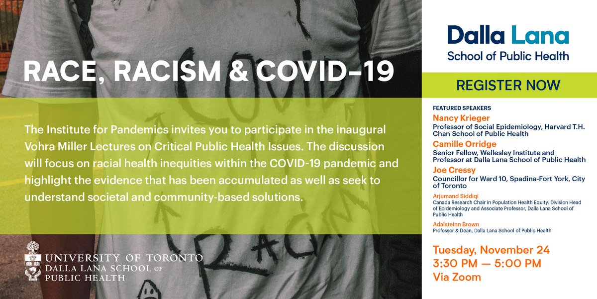 UofT_dlsph's tweet photo. *NEW* - The Institute for Pandemics first lecture tackles health equity. Join us on Nov. 24 with featured panellists  @HarvardChanSPH's Nancy Krieger, @wellesleyWI's Camille Orridge, Councillor @joe_cressy, Arjumand Siddiqi and @SteiniBrown

Details: https://t.co/tlCQA4UovN https://t.co/7kCASlXY8U