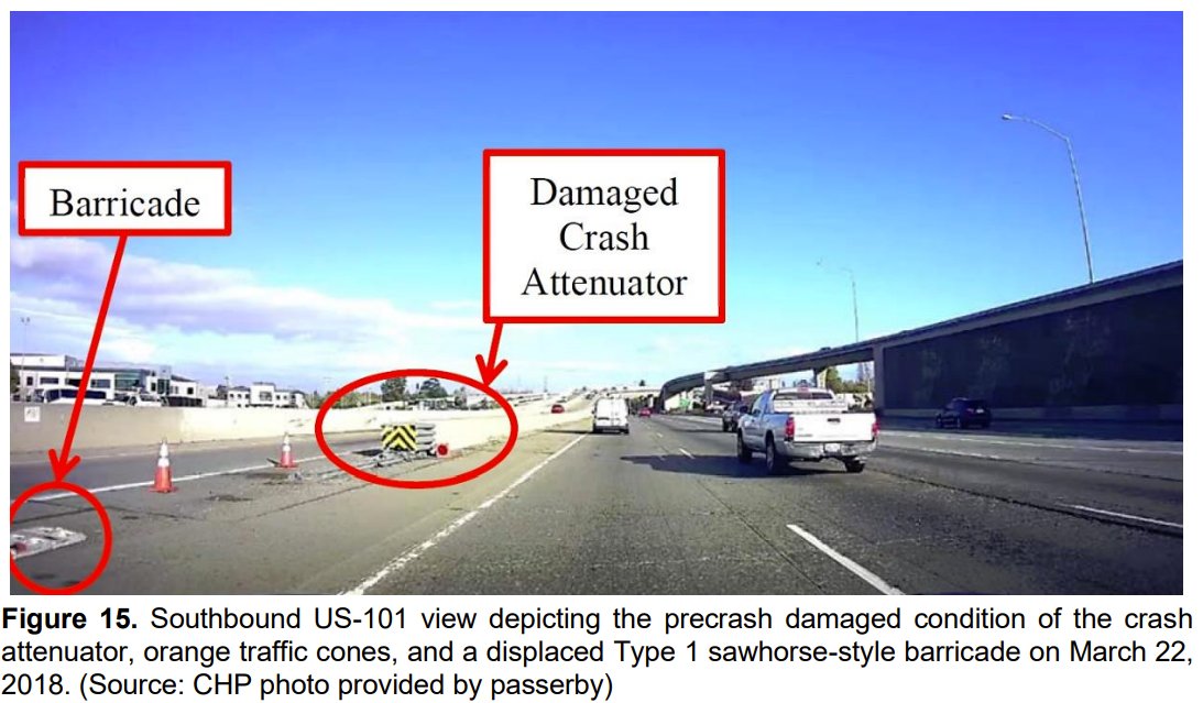 but something had gone wrong. the crash attenuator had already been set off 11 days before and had not been reset! CHP is supposed to let the CA DOT know, but they did not. instead, they put out some road cones and a sandwhich-board-style barricade that fell over later.