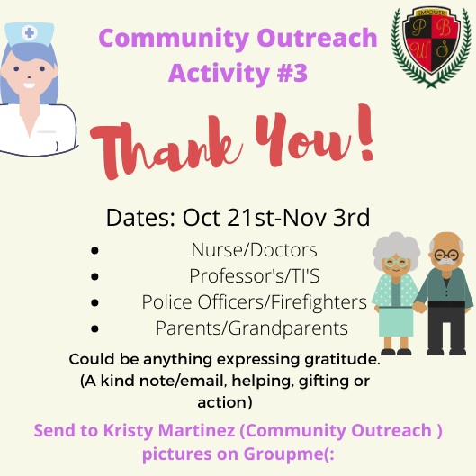 PBWS_UTSA's tweet photo. Let us be thankful for these special people! Express your gratitude for 👩🏻⚕️ nurses/doctors, 👩🏽🏫professors/TI’s, 👮🏼♀️officers/firefighters/military personnel, or 👨👩👧👦parents/grandparents. #pbwsutsa #pbwscommunity #pbwscommunityoutreach #utsastudentorg https://t.co/oKRUqhcqX7