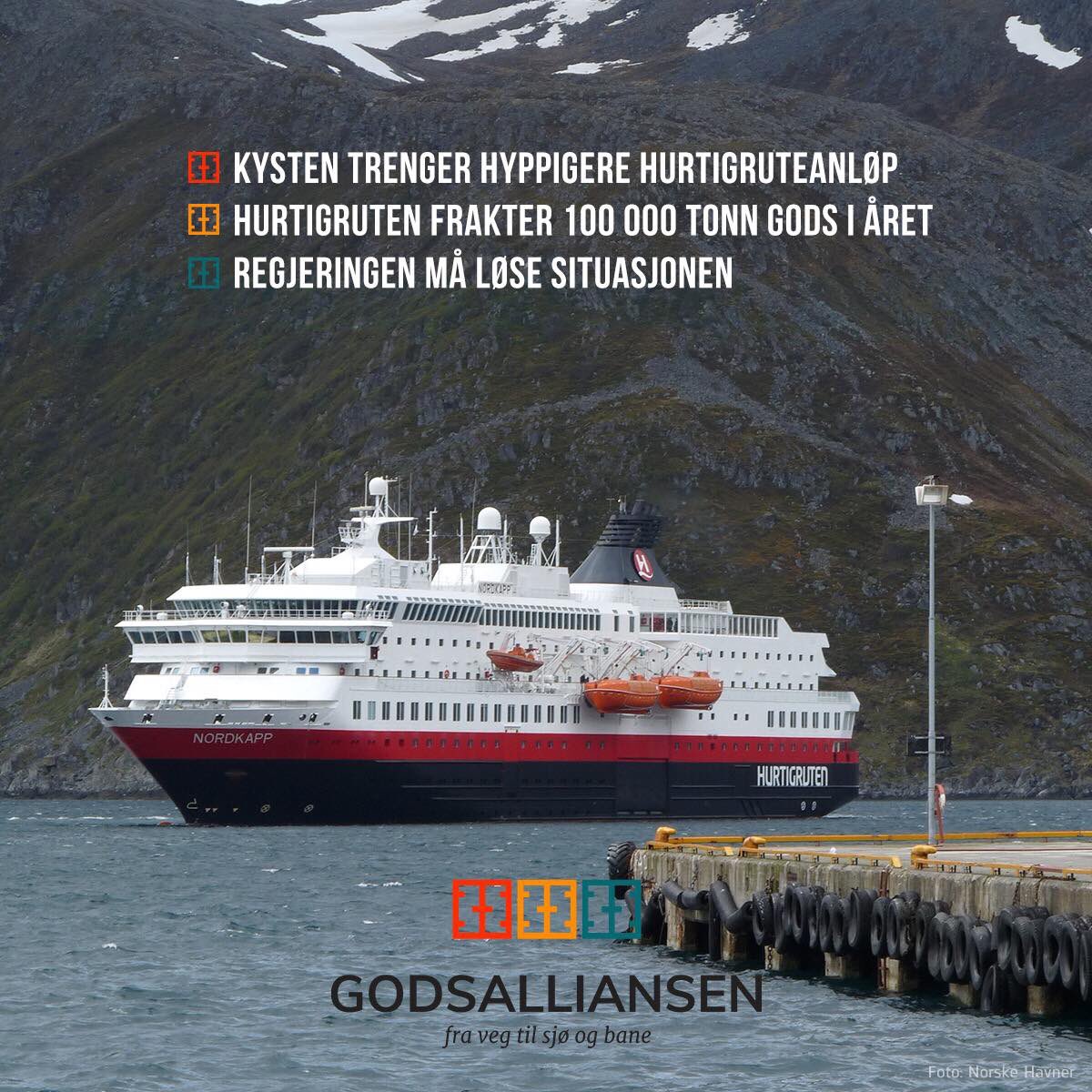 På grunn av korona-pandemien er det kun to hurtigruteskip i drift. Godsalliansen ber <a href="/Regjeringen/">Regjeringen</a> og Stortinget sikre hurtigruteanløp minst annenhver dag, langs hele kysten! #sjøfart #samferdsel 

Les pressemeldingen vår her: tinyurl.com/y22u6c2z