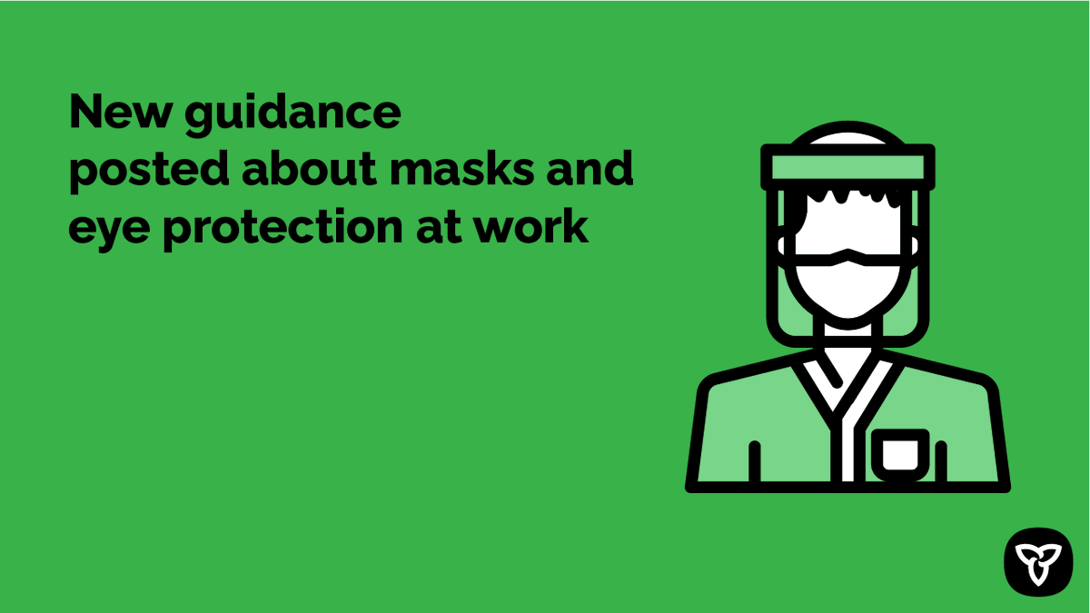 ONTatwork's tweet photo. Masks are mandatory in indoor workplaces – and in some cases, eye protection as well. Learn how to keep yourself, your colleagues and your patrons safe: https://t.co/ypblWamwrF https://t.co/QfjJTi7fFO