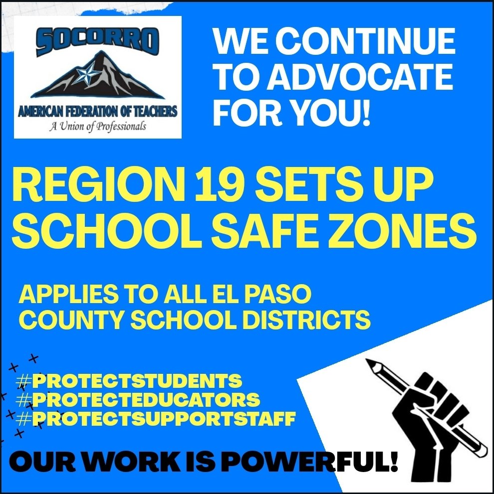 SOCORROAFT's tweet photo. 🚨Attn: @SocorroISD
@ESCRegion19 @teainfo set up School Safety Zones to address the safety of students, teachers and school staff. School districts will continue to offer remote instruction for all families.
#TeamSISD #ProtectEducators #ProtectStudents #ProtectSupportStaff https://t.co/VTUI2E9rQS