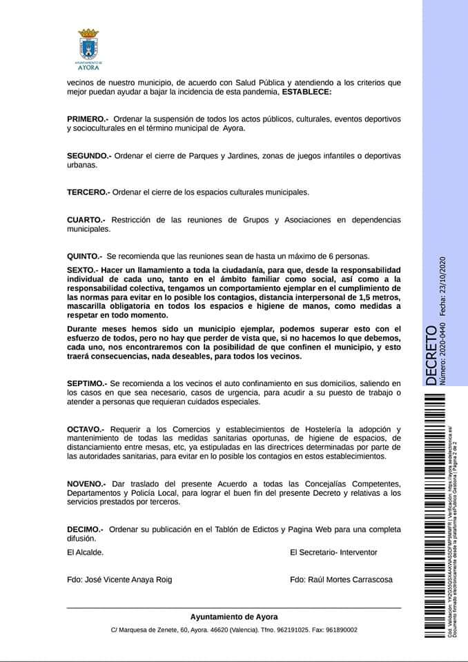 PoliciaAyora's tweet photo. ⚠️COMUNICADO AYUNTAMIENTO DE AYORA: Suspensión de actividades y eventos. Covid-19⚠️ https://t.co/3ePVHgA8Sv