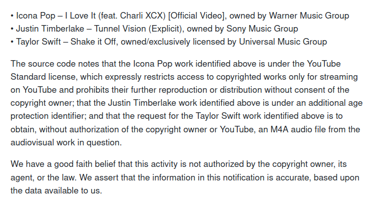 This portion of the letter is dressed up like it's a DMCA notice, but that's sleight of hand. The "activity" that RIAA is claiming is unauthorized is hypothetical. And if a rightsholder were to authorize copying, that copying would (obviously) be authorized.