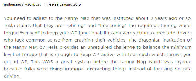 Tesla changed their firmware to try and improve the driver alerts, but the NTSB doesn't think it's enough. i agree with them, i mean, look at what crazy Tesla drivers do to disable the driver alerts, which some of them call "nanny nags." the attitude of these folks is terrifying.