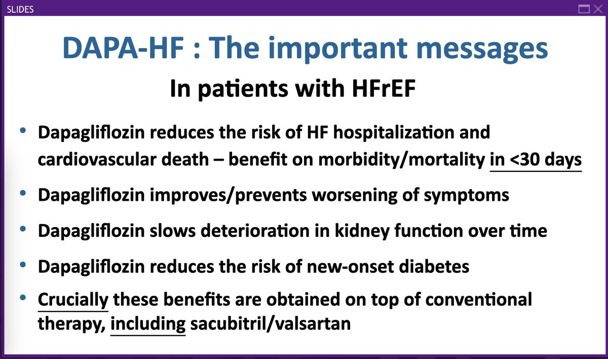 #CCCongress #DAPAHF results presented
In HFrEF
💥No change in diuretic dose
💥Slows progression of deterioration of kidney function
💥Fall in BP with Dapa
💥Reduce risk of new DM
💥Significant reduction in CV death & HF hospitalization in those with w/ and w/o DM
💥On top of ARNI
