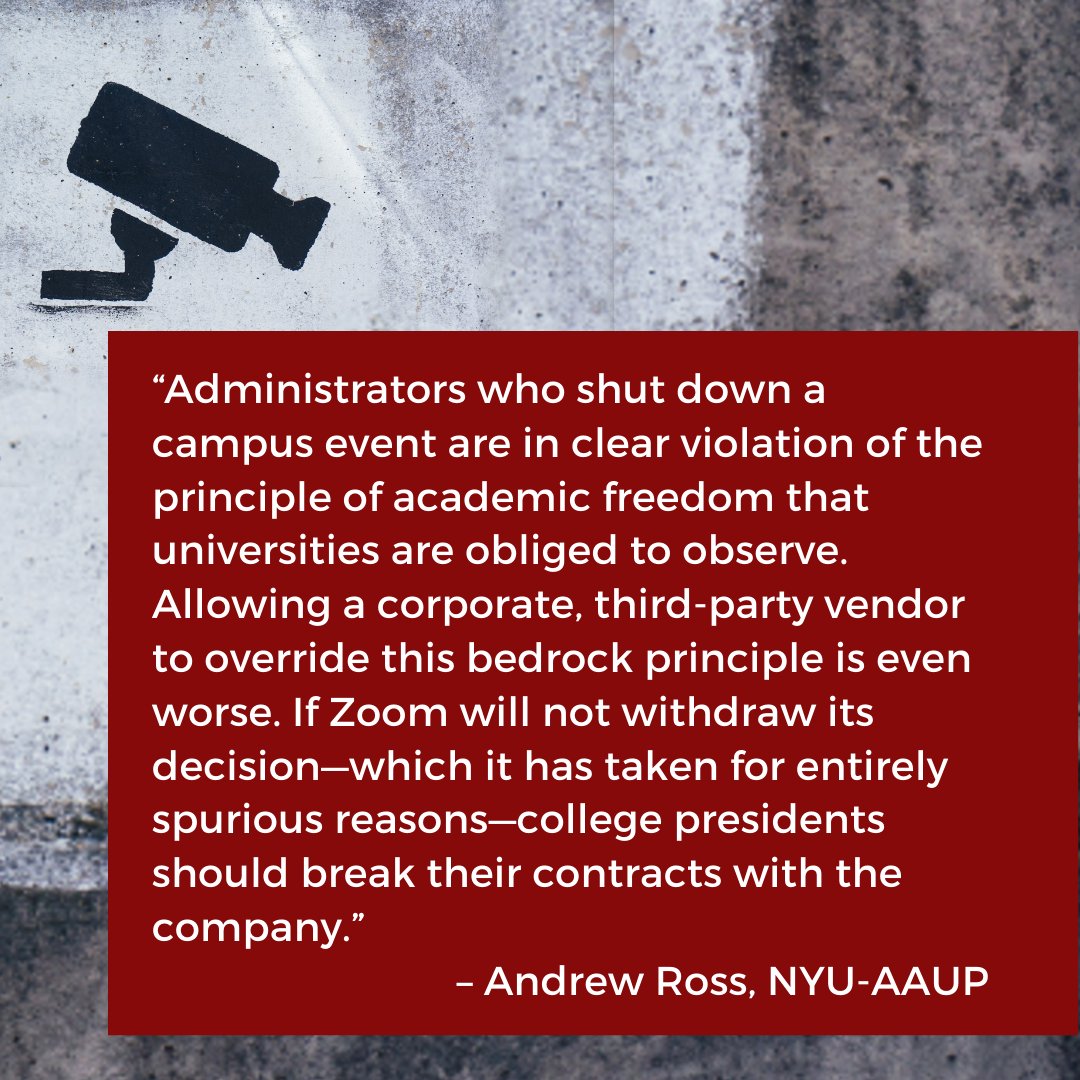 We support the faculty at  @uhmanoa and  @nyuniversity who are facing censorship by  @zoom_us for trying to engage in academic discussions about freedom for Palestine.As NYU professor Andrew Ross says, universities are obliged to defend academic freedom from corporate censorship.