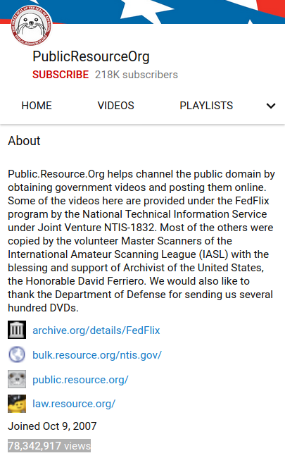 To say nothing of projects like FedFlix,  @carlmalamud's effort to add public domain US government videos to YouTube. 217k followers and 78 million views, entirely public domain. Can't imagine how this figures into RIAA's legal analysis