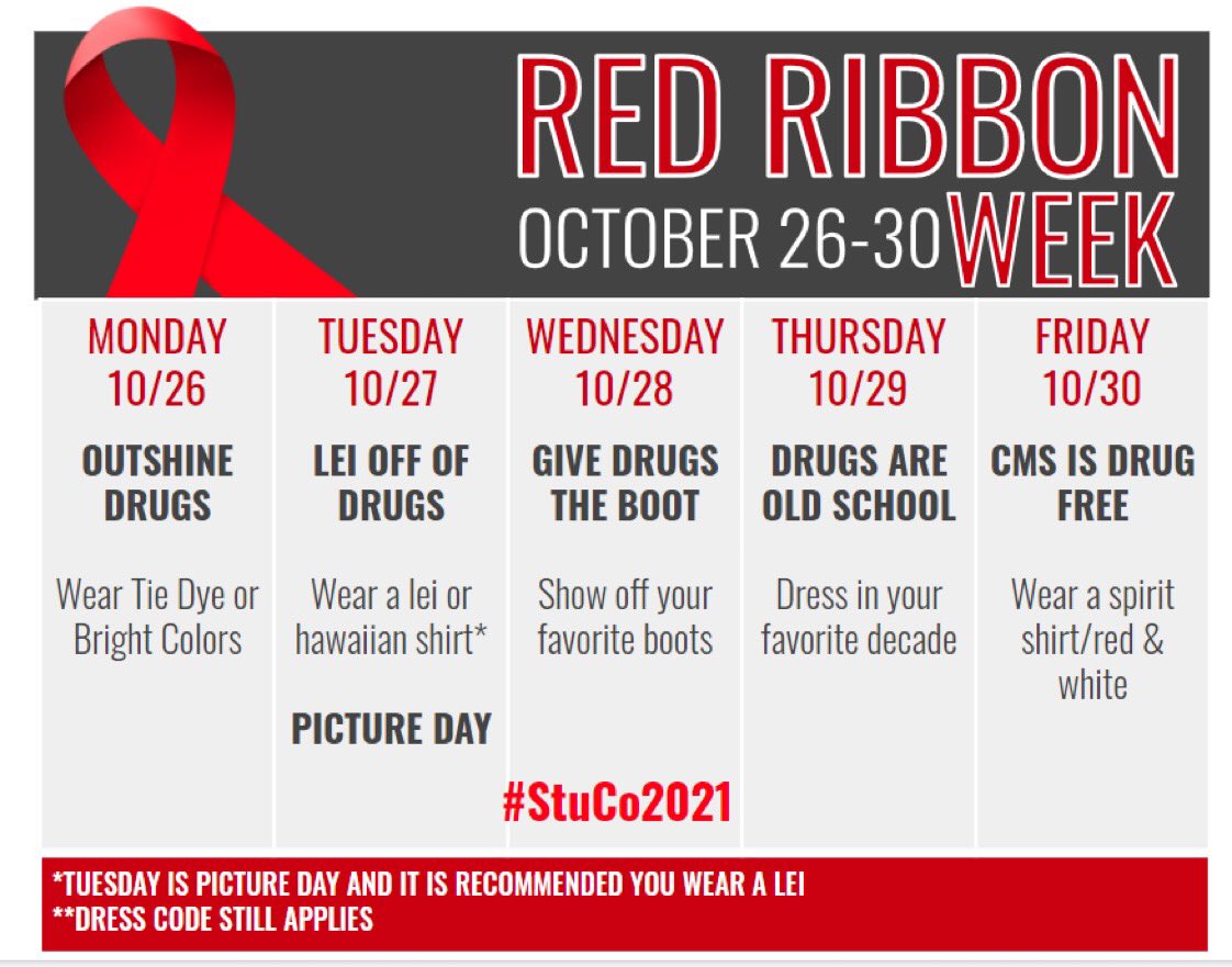 CouncilCms's tweet photo. On Monday, we kick off our Red Ribbon Campaign! Join us as we pledge to be DRUG FREE. #BeHappyBeBraveBeDrugFree #stuco @CouncilCms @CMS_IAMCMS https://t.co/ERDMtPR5Xf