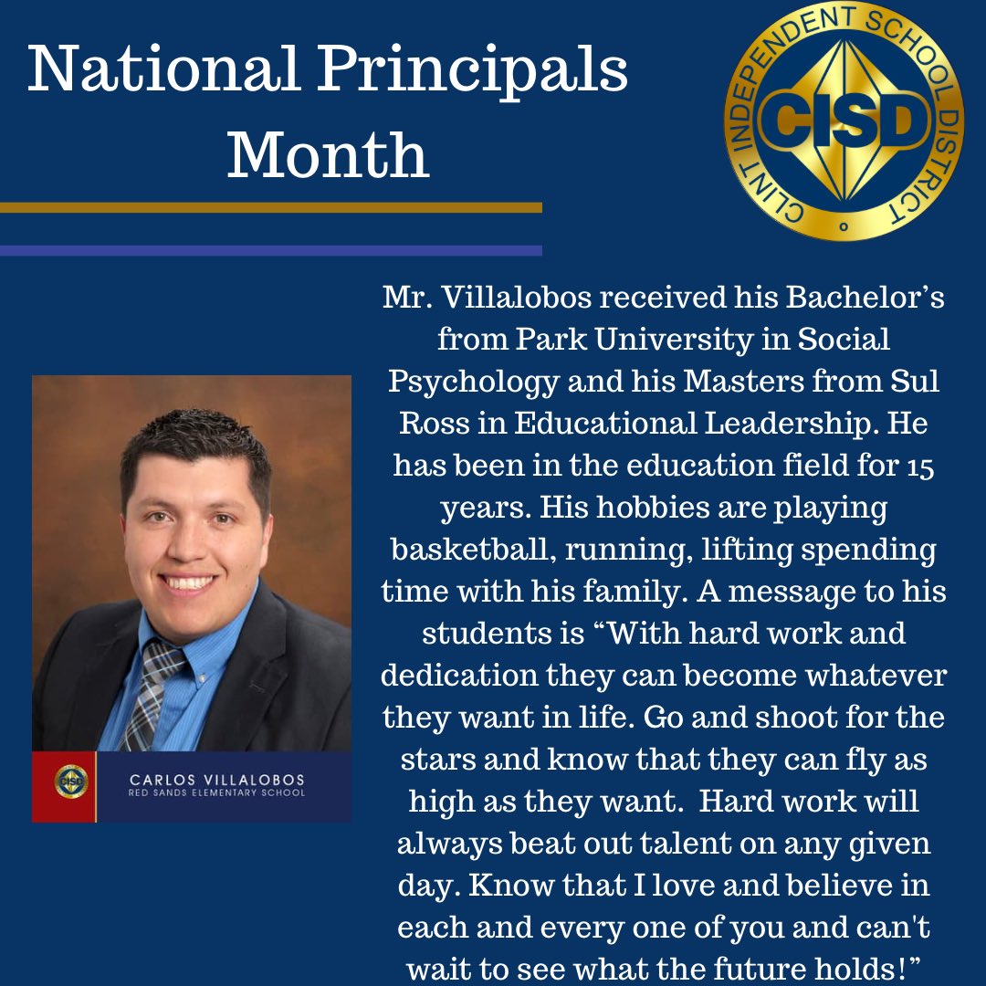 ClintISD's tweet photo. Happy National Principals Month Mr.Villalobos! Thank you for being an outstanding leader to all our students at Red Sands Elementary, and for your commitment to Clint ISD. https://t.co/ubcad7ptH4
