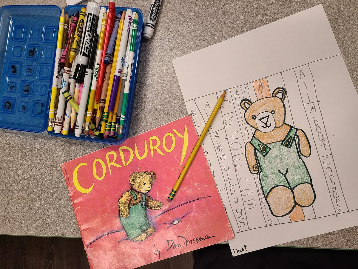 PlattsburgArt's tweet photo. Corduroy loves to have his #portrait drawn! 3rd graders compare 3D Corduroy to 2D drawings by #DonFreeman, then draw their own with imaginative background! #drawingskills #goals #TigerLegacy @amoran4 #k12ArtChat https://t.co/y8aeN0ib6g