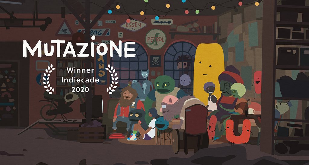 The cast of Mutazione gather around a tv. Overlay text reads ‘Mutazione’ Winner IndieCade 2020