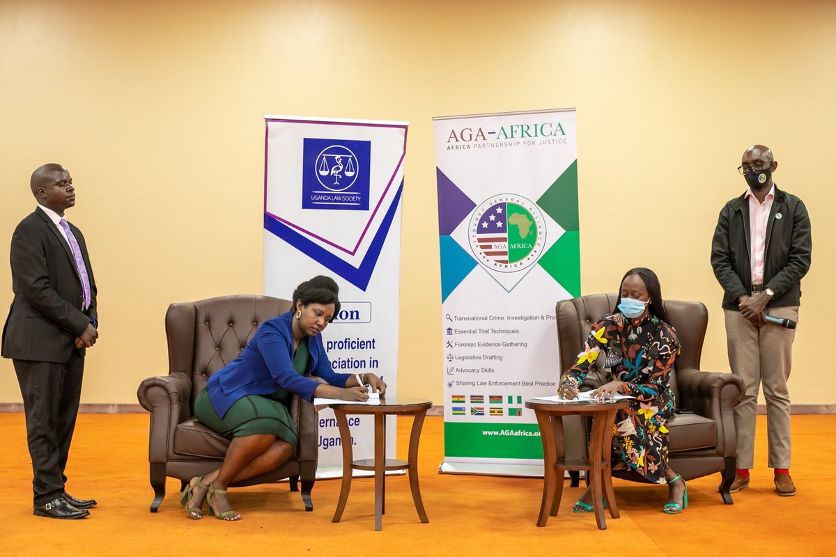 ug_lawsociety's tweet photo. Earlier today the President ULS, Ms. Pheona Nabasa Wall together with the Central region representative to the Executive Council Mr. Faisal Mulalira signed an MOU with the Attorney General Alliance Africa (AGA) in which young lawyers will benefit from several resources &amp; training https://t.co/xsFaHQgTFz