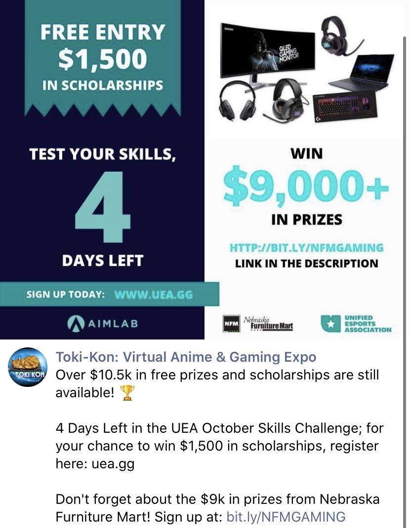 SMTokiKon's tweet photo. @UnifiedEA October skill challenge is on! Free prizes and scholarship opportunities! Check it out and register at: https://t.co/Mws60OYYFu https://t.co/FnRCk8LRW6