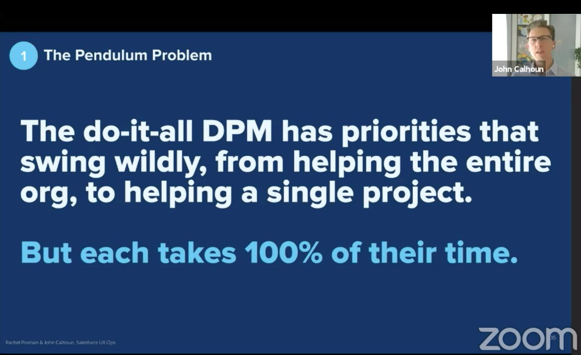 the pendulum problem - makes your partners think that their priorities are not the DesignOps team priorities

#JohnCalhoun <a href="/rachelposman/">RachelLP</a> #DO2020 #DesignOps