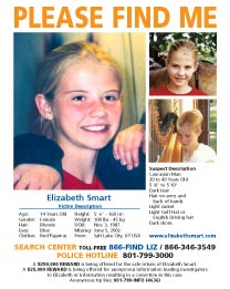 Utah: The Elizabeth Smart kidnappingElizabeth Smart was abducted from her home in Salt Lake City at 14yo and held captive for 9 months by Brian Mitchell and his wife, Wanda Barzee. Mitchell claimed to be an angel needing vigrin brides accompanying him kill the Antichrist(26/39)