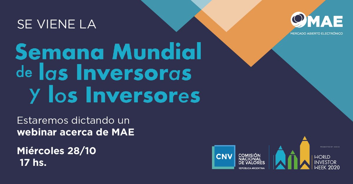 MAE_ARG's tweet photo. ✅La semana del 26 al 30 de octubre se lleva a cabo este evento internacional para que puedas conocer las ventajas que brinda el Mercado de Capitales como herramienta de ahorro e inversión. Participá de nuestro webinar el 📅MIERCOLES 28/10, 👌ingresando en https://t.co/Kj28NtvOLI https://t.co/LbKb8Dnwyl