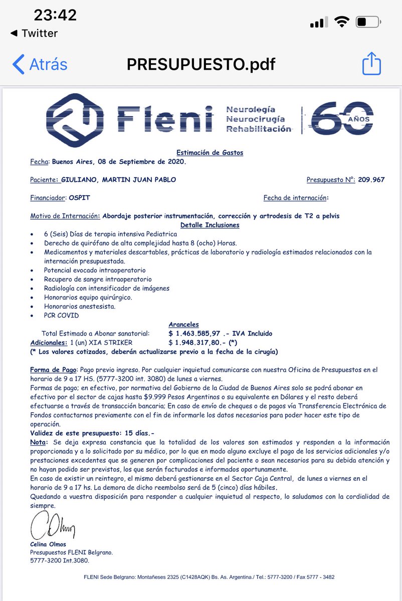 MalenaStein's tweet photo. #cirugiaparamartinYA @ginesggarcia Paula, @SSSALUD #OSPIT no quiere cubrir la cirugía en Fleni (que ya el Dr Eduardo Segal dijo que debería operar a Martín EN OCTUBRE).
Necesitamos que intervengan y solucionen esto YA.
2) Adjunto presupuesto de operación
#UnidosAr
Difundamos.🙏🏻RT https://t.co/X4azcGTSTH