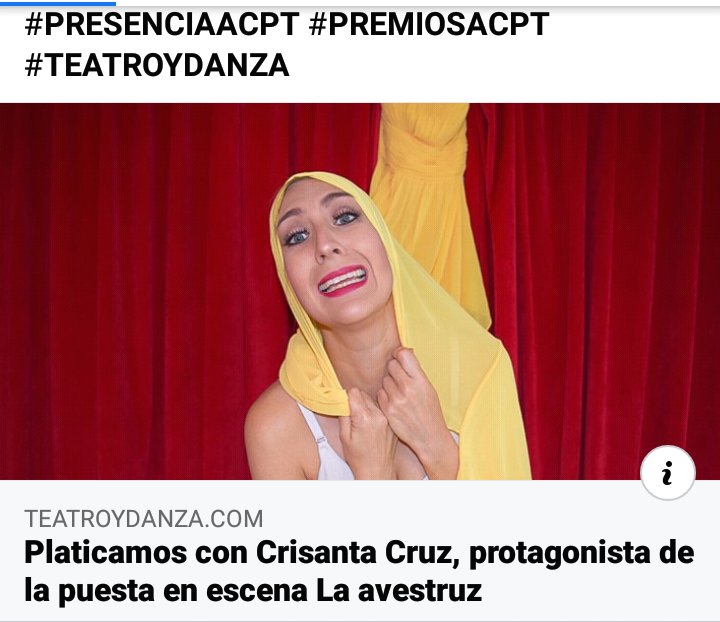 #ACPT

Aquí te dejamos la entrevista que realizó Roberto Sosa López a  <a href="/CrisantaArtista/">CRISANTA</a>, protagonista de la puesta en escena LA AVESTRUZ,

▶bit.ly/35zPYO6

#PRESENCIAACPT #PREMIOSACPT #TEATROYDANZA