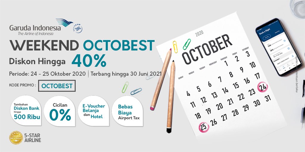 aerowisatahotel's tweet photo. Weekend #Octobest dari @IndonesiaGaruda!
Beli tiket hemat hingga 40% dan dapatkan e-voucher spesial diskon di hotel-hotel kami.
Gunakan kode promo OCTOBEST hanya di website Garuda Indonesia dan aplikasi GIA Mobile.
Selengkapnya: https://t.co/Yz7vwiaUnz
#partnershippromo https://t.co/8bNbPWj6aG