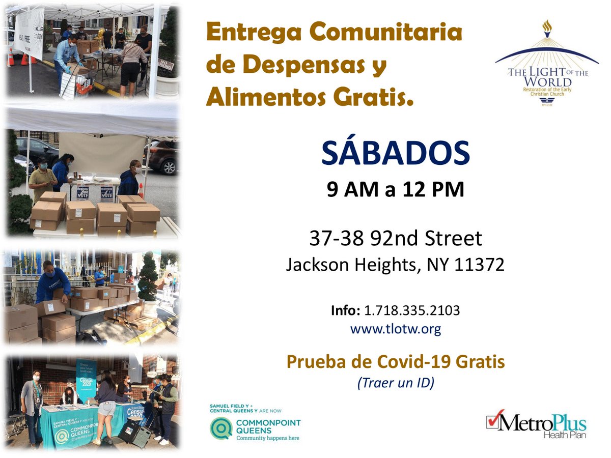 ColombiaenEEUU's tweet photo. #FreeFoodGiveAway #NYC #QueensNY Mañana nueva entrega de Alimentos Gratuitos.
Sábado, 24 de octubre de 9AM a 12PM
37-38 92nd Street | Jackson Heights, NY 11372
Prueba #Covid19 Gratis! Debe traer ID
- Tener mascarilla.
- Mantener la distancia social.
- Traer carro de compras. https://t.co/jrpVwfTKGL