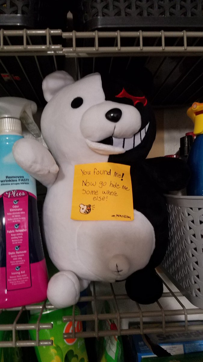Hiding monokuma around my house for someone else to find him and hide him while my parents are out of townDay: 1Current location: laundry room Hider: myself and little brother