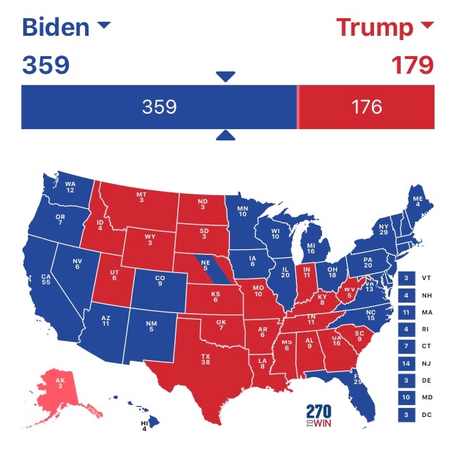 This is my map prediction:Biden 359 - Trump 179I will vote Trump, and will always vote Republican
