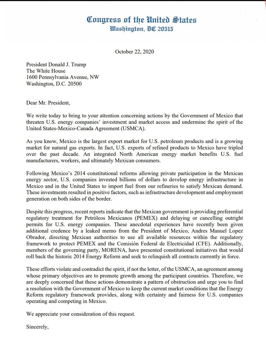 JJDiazMachuca's tweet photo. Carta del Congreso de los Estados Unidos por el #USMAC
#NoEsPorPresumirPero ya le llegรณ el chisme al presidente @realDonaldTrump de que @lopezobrador_ impondrรก un decreto que viola el nuevo tratado entre Estados Unidos, Canadรก y Mรฉxico. https://t.co/VOFxHFQ7YA