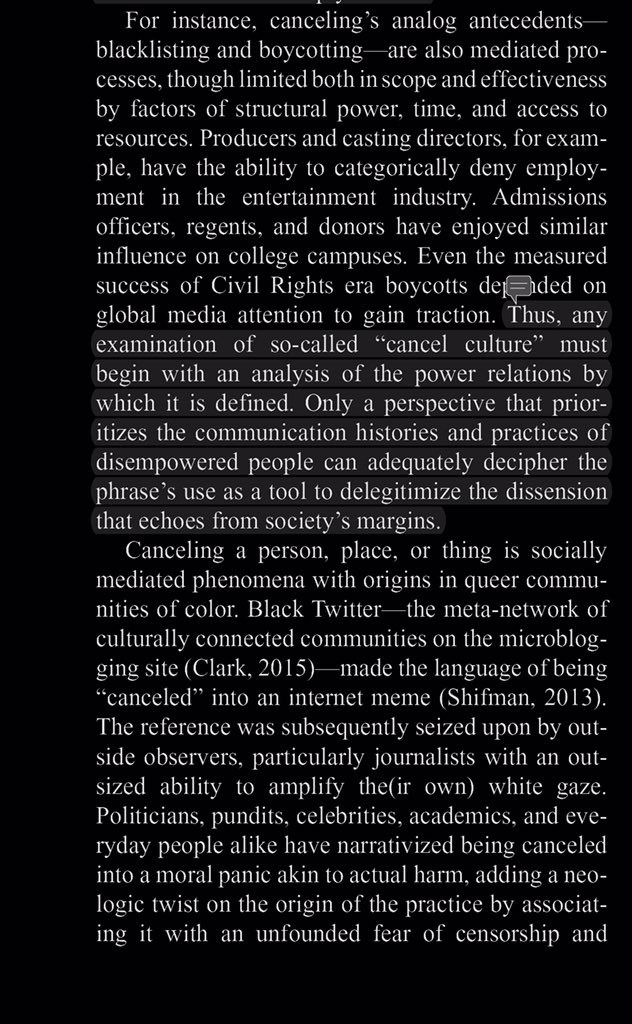 "Canceling a person, place, or thing is socially mediated phenomena with origins in queer communities of color. ...The reference was subsequently seized upon by outside observers, particularly journalists with an outsized ability to amplify the(ir own) white gaze."