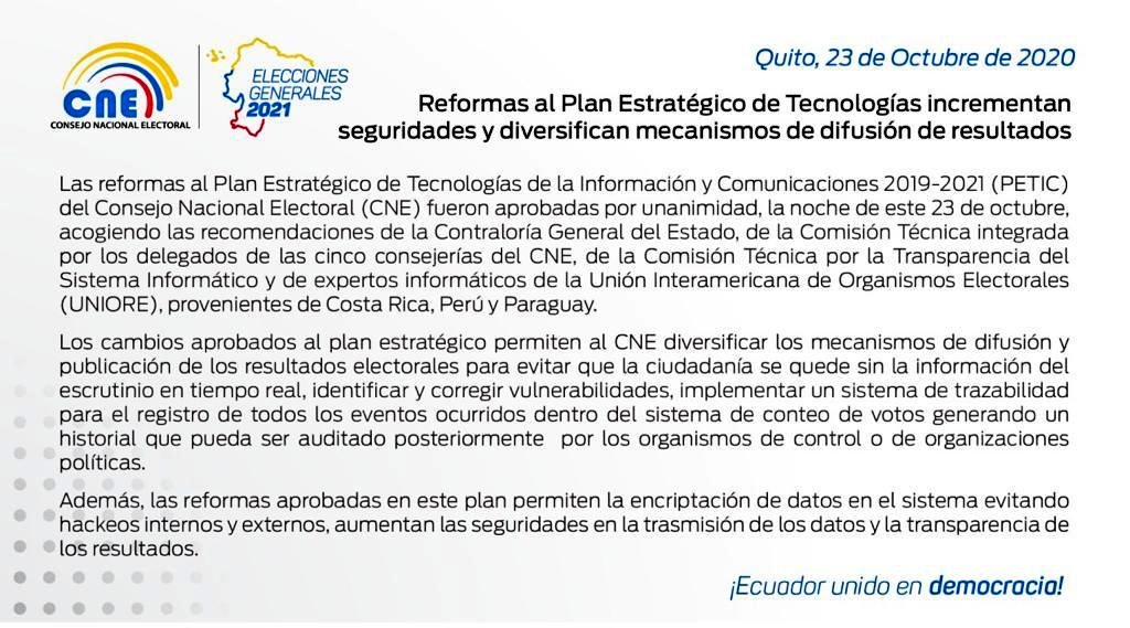 DianaAtamaint's tweet photo. Aprobamos por unanimidad la actualización del Plan Estratégico de Tecnologías de la Información y Comunicaciones (#PETIC), con el objetivo de incrementar las seguridades y diversificar los mecanismos de difusión de los resultados de las #Elecciones2021Ec. https://t.co/tO4FckWUGt