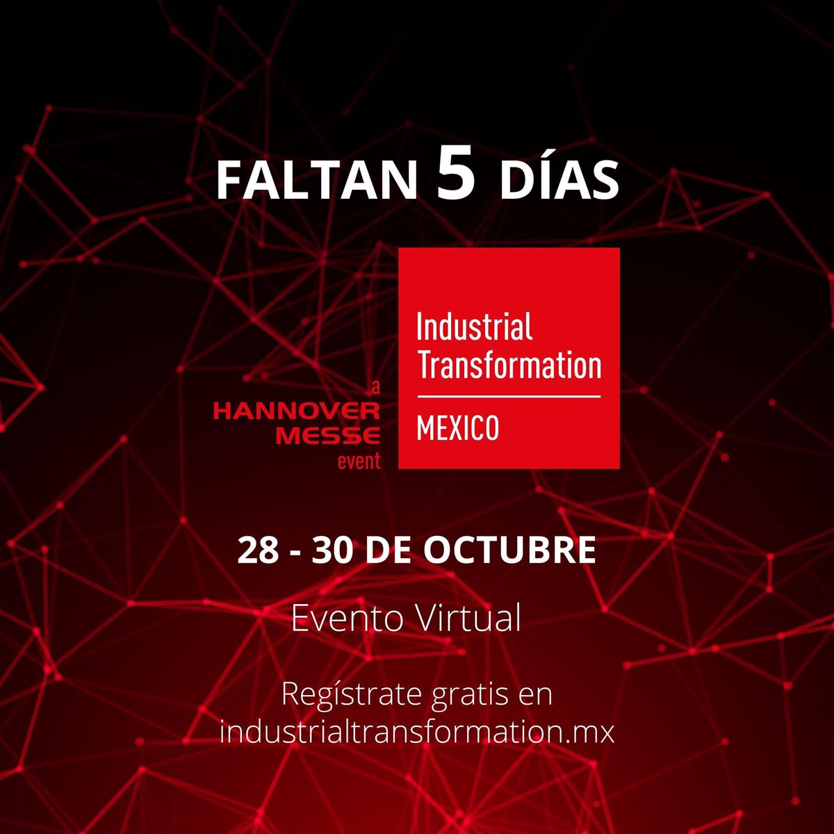 smartindustrymx's tweet photo. Estamos a sólo 5 días del evento líder de Industria 4.0 en México y América Latina. Te invitamos a formar parte de la reactivación económica del país del 28 al 30 de octubre en #ITM2020. 

@Indtransmex 

Regístrate sin costo aquí: 👉
https://t.co/K5yKX8Vs3f https://t.co/RlRz40f3hy
