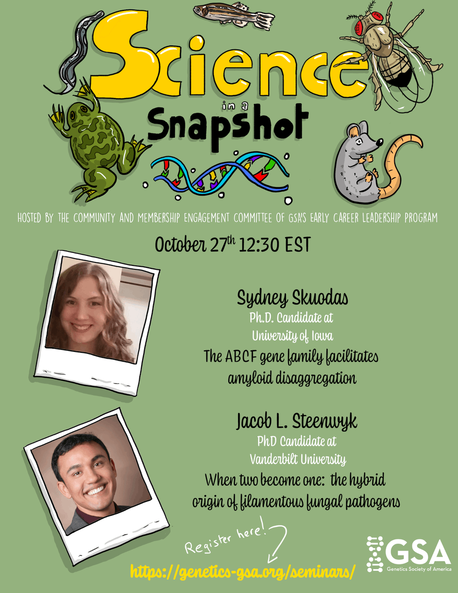 GeneticsGSA's tweet photo. At the next Science in a Snapshot seminar Sydney Skuodas and Jacob Steenwyk will be talking about Amyloid disaggregation and filamentous fungal pathogens. Thanks to the Community and Membership Engagement Subcommittee! 

Oct 27, 12:30 EST, register here: https://t.co/PeTjmvDzNk https://t.co/iGEUJQ6zUO