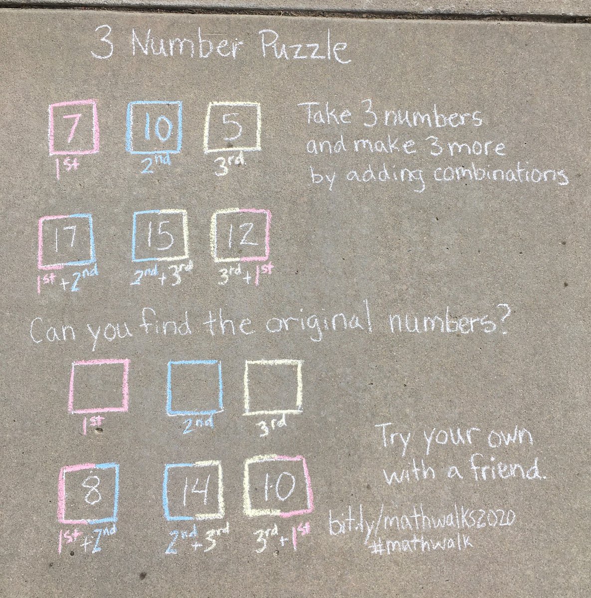 traciteacher's tweet photo. Today I found @MichaelOllerton site and some great problems for a #mathwalk. Choose 3 numbers has so much depth (love the probing questions by @mrbartonmaths) #sandiegomath #mathgraffiti #sidewalkmath #MTBoS #iteachmath https://t.co/rFAz7sfq6Q https://t.co/nJiNm0hH4A