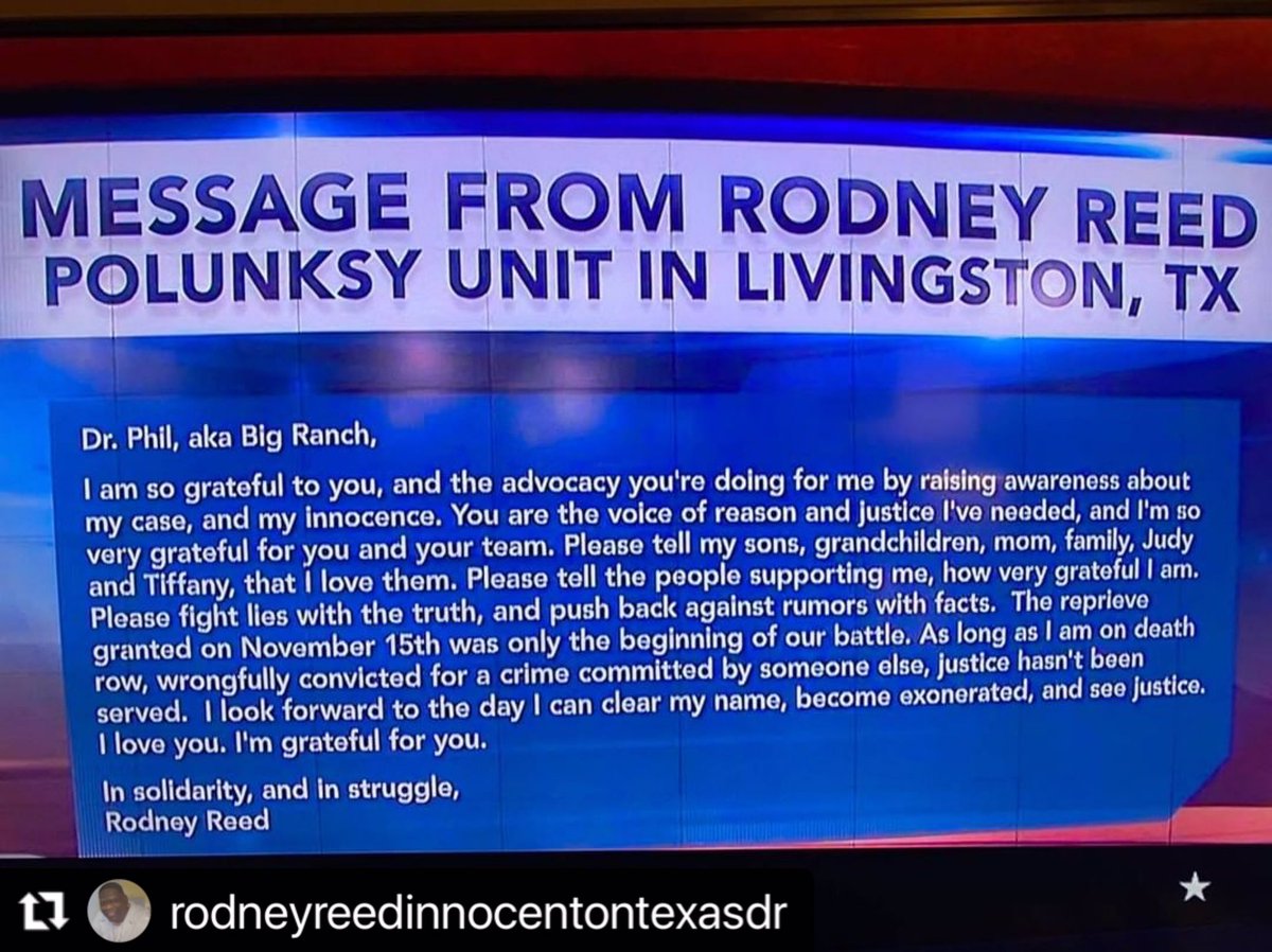 BringRodneyHome's tweet photo. .@DrPhil received a letter from Rodney that he shared today on @TheDrPhilShow.
-image courtesy of @FreeRodneyReed
#RodneyReed #innocent #wrongfulconviction #jasonflom
. . .
#FreeRodneyReed #BringRodneyHome #DrPhil #DrPhilShow #PolunskyUnit https://t.co/i4yrQls82c